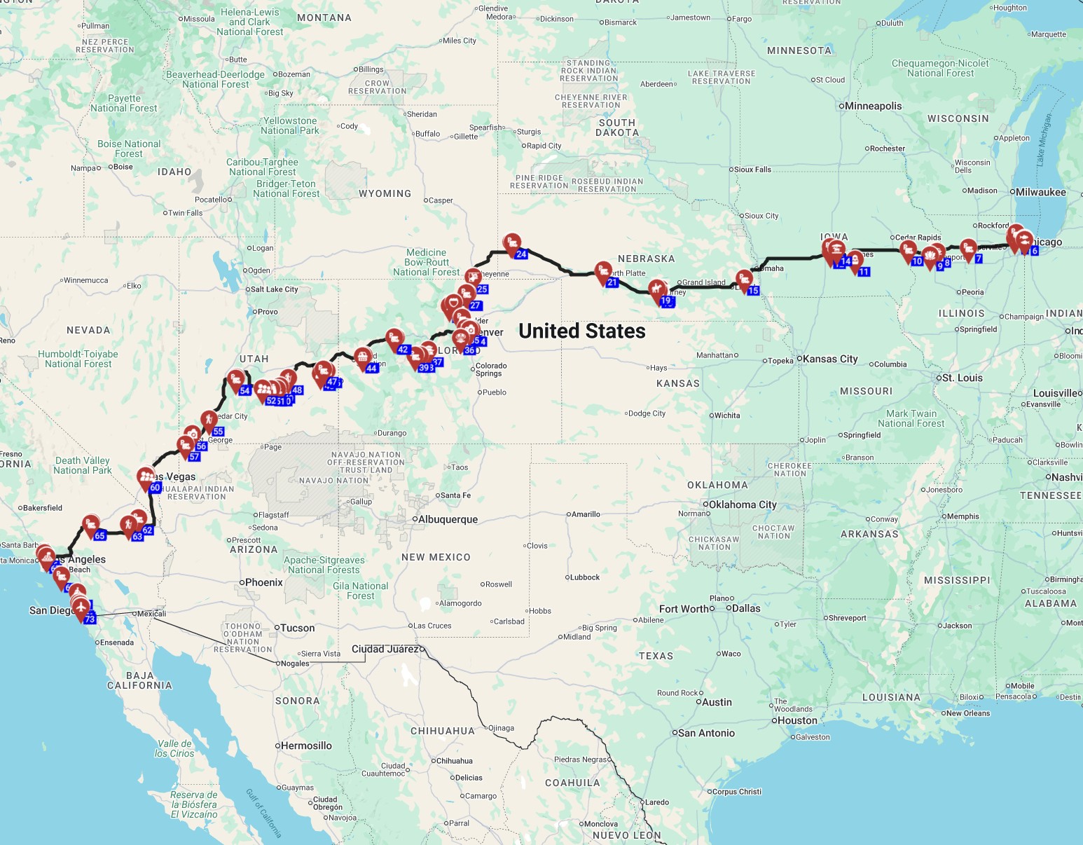 how to plan a motorhome trip in USA from Chicago to San Diego